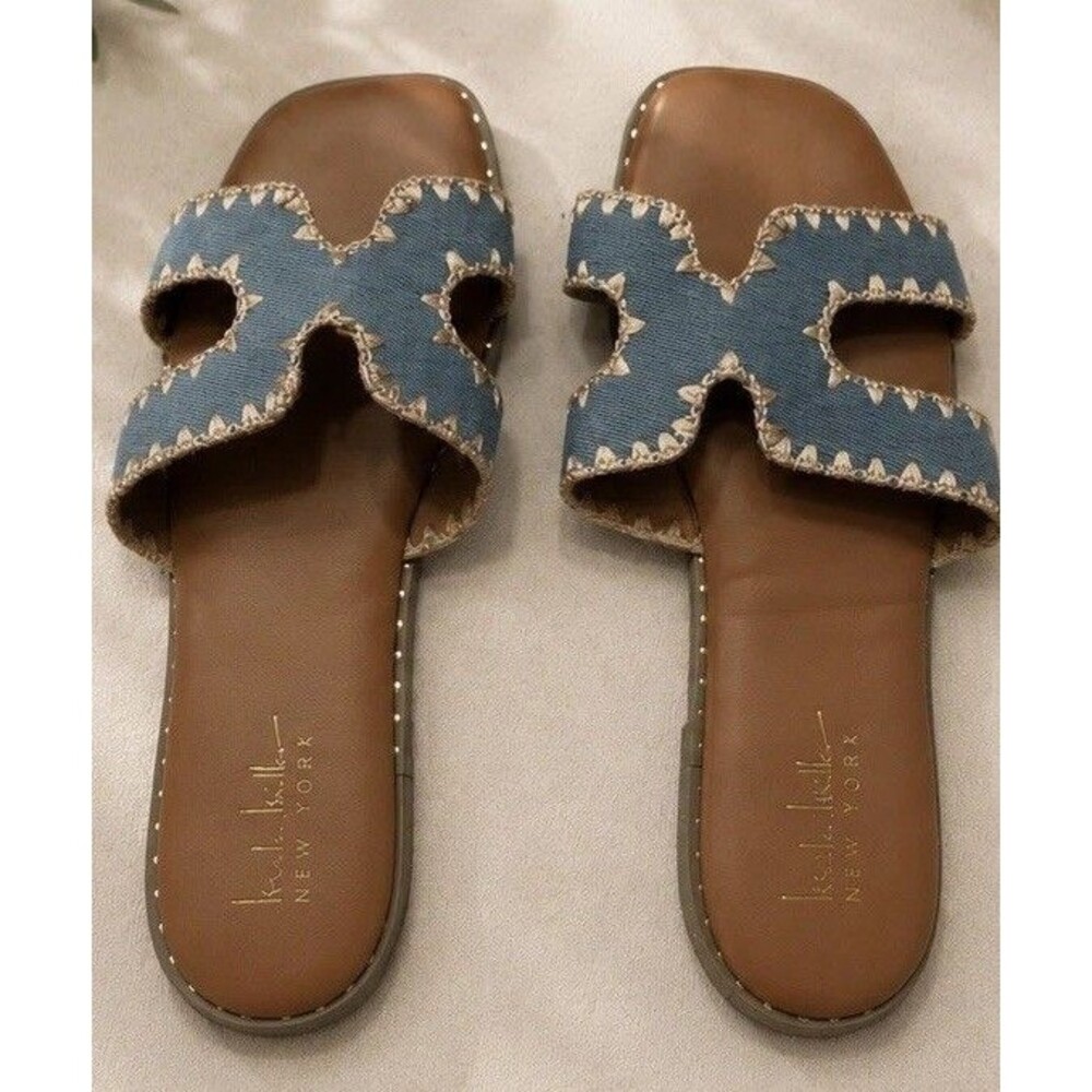 Nicole Miller Jessa Slide Sandals Women 7 Blue Scalloped Embroidered Slip On